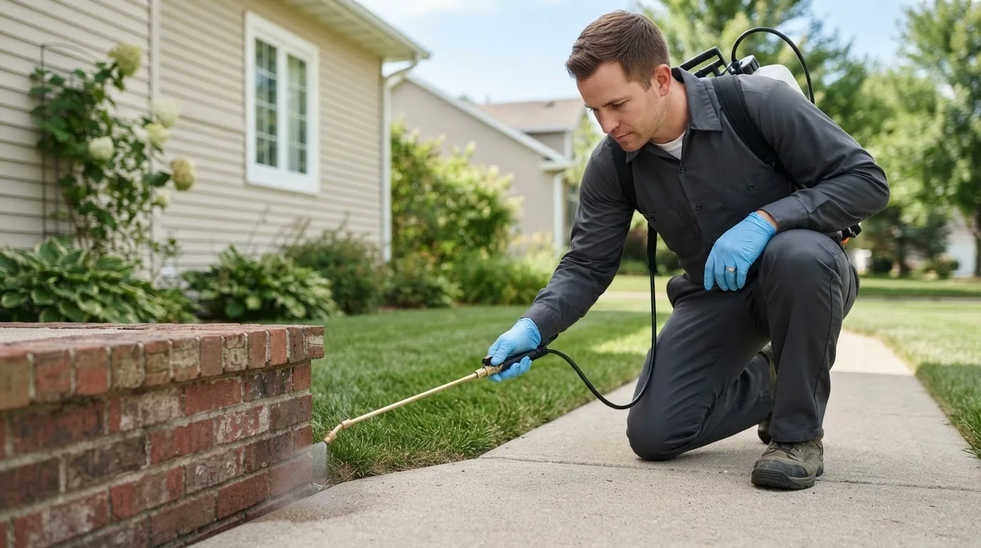 Pest control technician treating a home near Mcmillan, MI