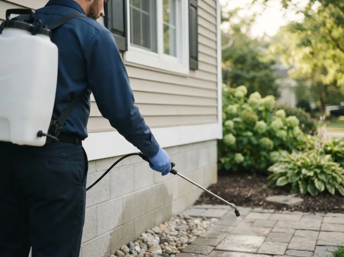 Pest control technician inspecting a home in Mcmillan, MI